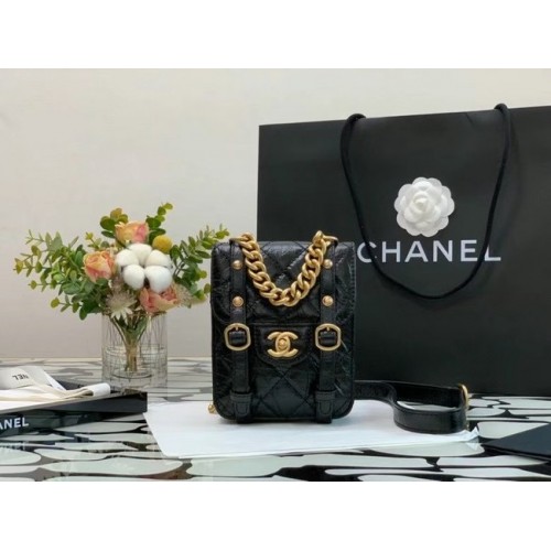 Chanel FLAP BAG Piele de vițel învechită, metal auriu AS2695 Negru