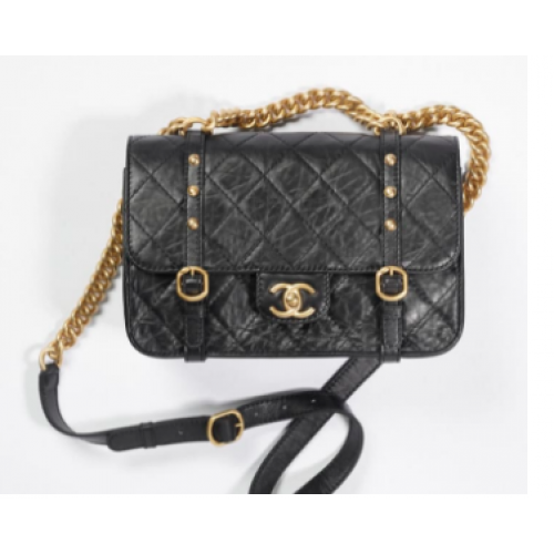 Chanel FLAP BAG Piele de vițel învechită, metal auriu AS2696 Negru