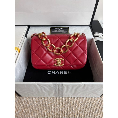 Chanel FLAP BAG Piele de miel Metal auriu AS3366 roșu