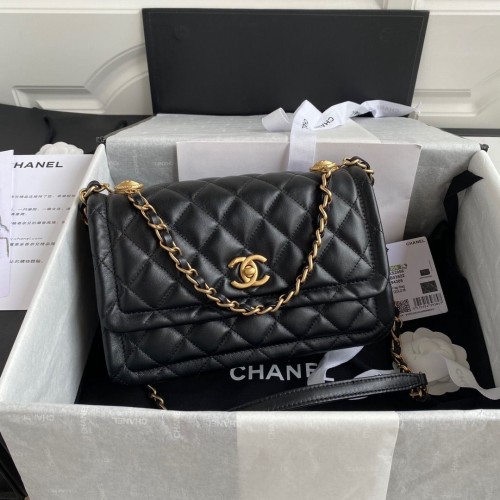 Geantă Chanel Flap din piele de oaie, metal auriu AP1737, neagră