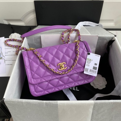 Geantă Chanel Flap din piele de oaie, metal auriu AP1737, violet