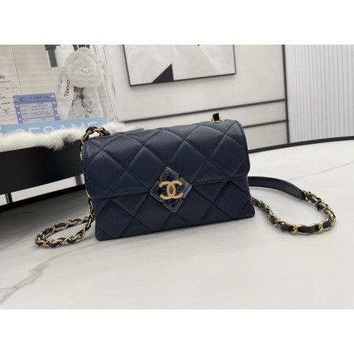 Geantă de umăr Chanel cu clapă din piele de miel AS2556 albastru închis