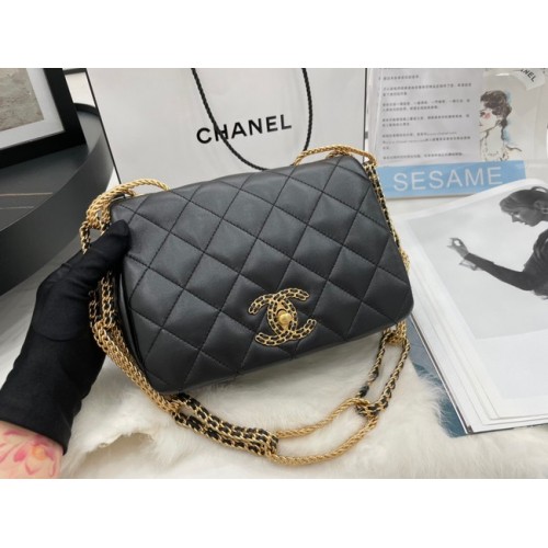 Geantă de umăr Chanel cu clapă din piele de miel AS2975 neagră