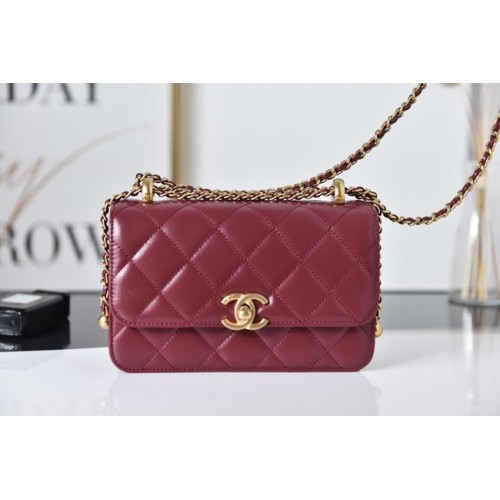 Geantă de umăr mini Chanel Flap Lambskin AS2615 roșie