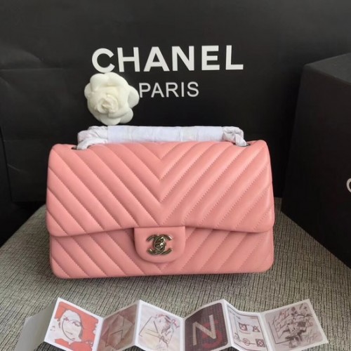 Geantă de umăr Chanel Flap Original Lambskin Leather 1112V Cherry Pink lanț argintiu