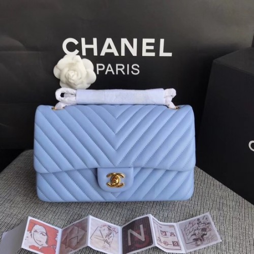 Geantă de umăr Chanel Flap Original din piele de oaie 1112V Lanț auriu albastru deschis