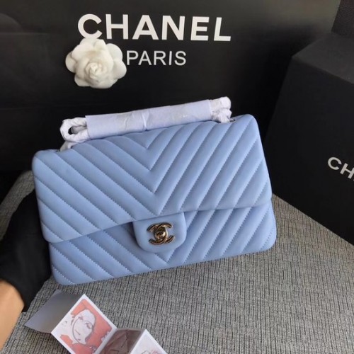 Geantă de umăr Chanel Flap Original din piele de oaie 1112V Lanț argintiu albastru deschis