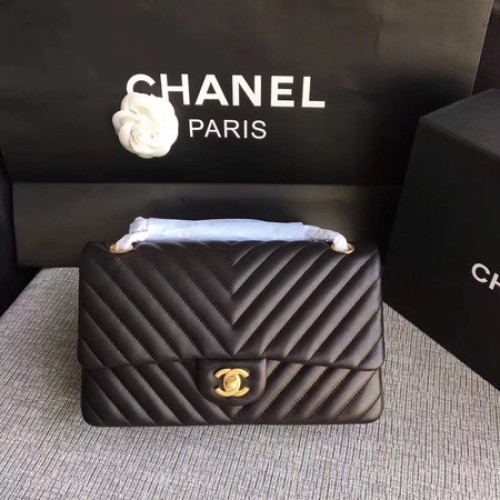 Geantă de umăr Chanel cu clapă neagră, din piele de oaie originală CF1112V aurie