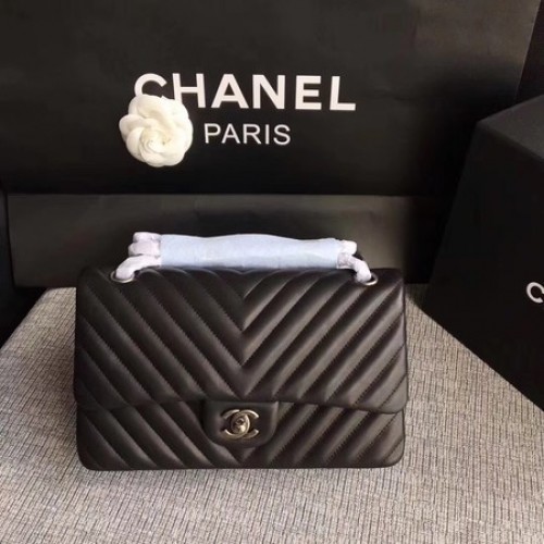 Geantă de umăr Chanel cu clapă neagră, din piele de oaie originală CF1112V argintie