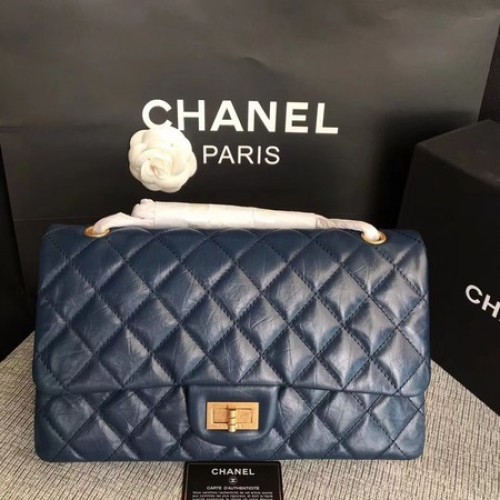 Geantă de umăr Chanel Flap albastră din piele de vițel originală 277 aurie