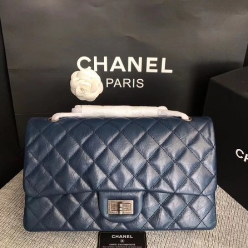 Geantă de umăr Chanel Flap albastră din piele de vițel originală 277 argintie