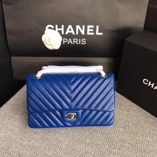 Geantă de umăr Chanel cu clapă albastră, piele de oaie originală CF1112V argintie
