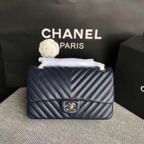 Geantă de umăr Chanel cu clapă, albastru închis, piele de oaie originală CF1112V argintie