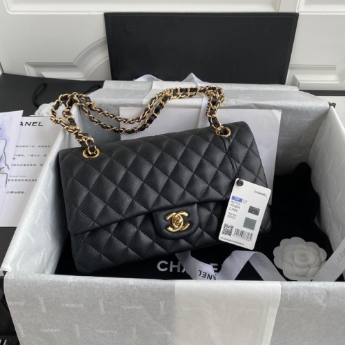 Geantă de umăr Chanel Flap Leather Grained Caviar A01112 auriu-Metal negru