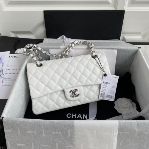 Geantă de umăr Chanel Flap Leather Grained Caviar A01112 argintiu-alb metalic