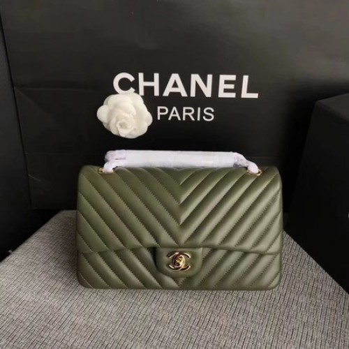 Geantă de umăr Chanel cu clapă, verde, piele de oaie originală CF1112V, aurie