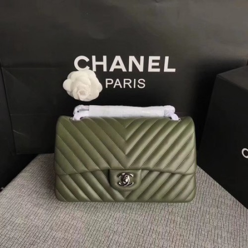 Geantă de umăr Chanel cu clapă, verde, piele de oaie originală CF1112V argintie