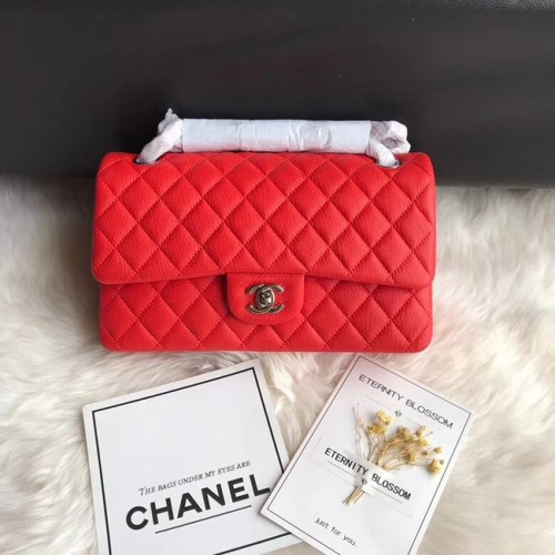 Geantă de umăr Chanel Flap, piele originală de cerb A1112, lanț argintiu roșu