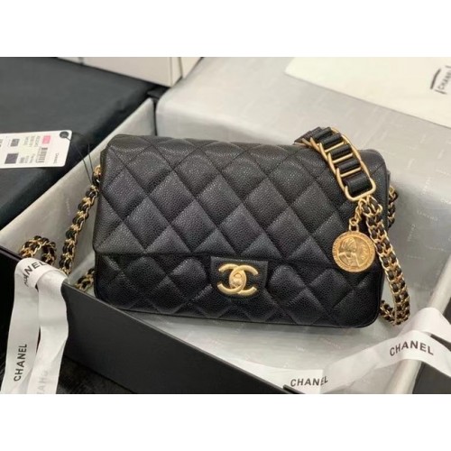 Geantă de umăr Chanel cu clapă, piele originală AS2543 neagră