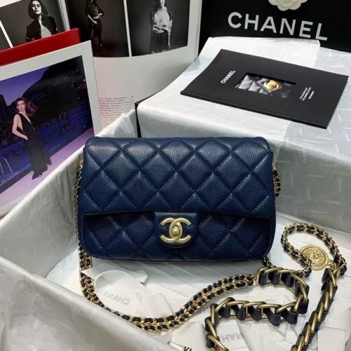 Geantă de umăr Chanel cu clapă, piele originală AS2543 albastru închis