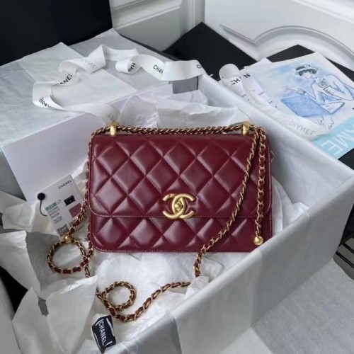 Geantă de umăr Chanel cu clapă, piele originală AS2649 Vișiniu