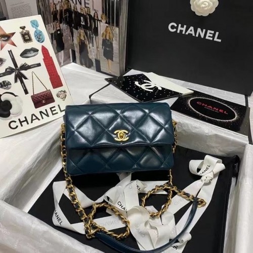 Geantă de umăr Chanel cu clapă, piele originală AS9957 albastră