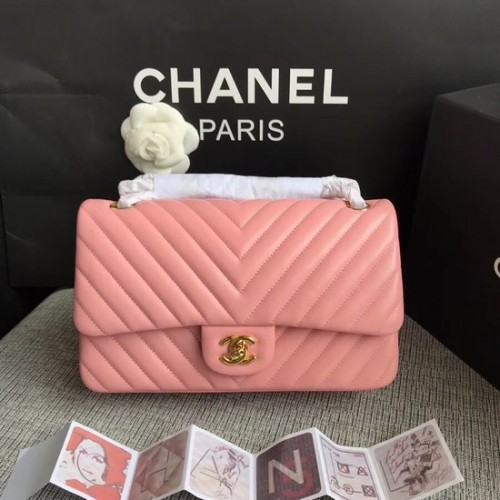 Geantă de umăr Chanel Flap, piele de oaie originală 1112V, lanț de aur roz cireș