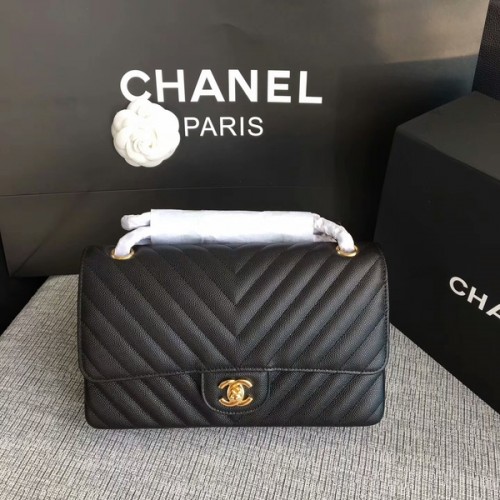 Genți de umăr Chanel Flap, piele de vițel originală neagră CF1112 auriu