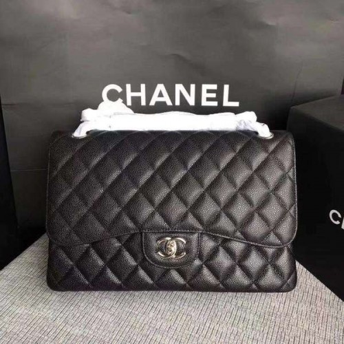 Genți de umăr Chanel Flap, piele de vițel originală neagră CF1113 argintiu