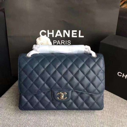 Genți de umăr Chanel Flap, albastru închis, piele de vițel originală CF1113 argintiu