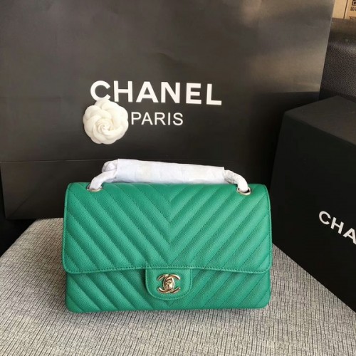 Genți de umăr Chanel Flap din piele de vițel originală verde CF1112 argintiu