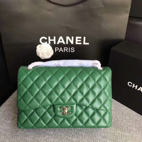 Genți de umăr Chanel cu clapă, verde, piele de miel originală CF1113 argintiu
