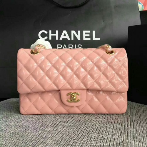 Genți de umăr Chanel cu clapă, roz deschis, piele originală lacuită CF1112 auriu
