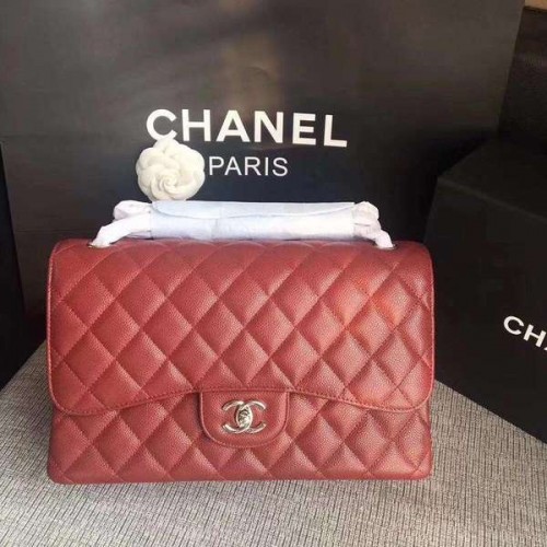 Genți de umăr Chanel Flap Maroon Original Calfskin Leather CF1113 Silver
