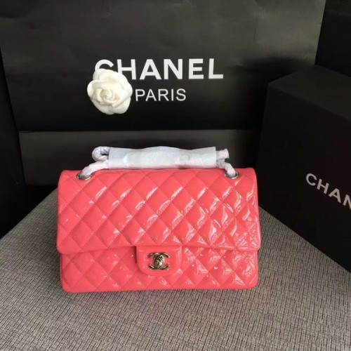 Genți de umăr Chanel cu clapă, roz, piele originală lacuită CF1112 argintiu