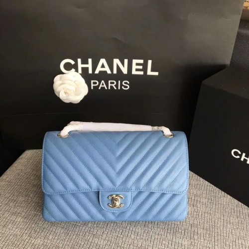 Genți de umăr Chanel Flap din piele de vițel originală Skyblue CF1112 argintii