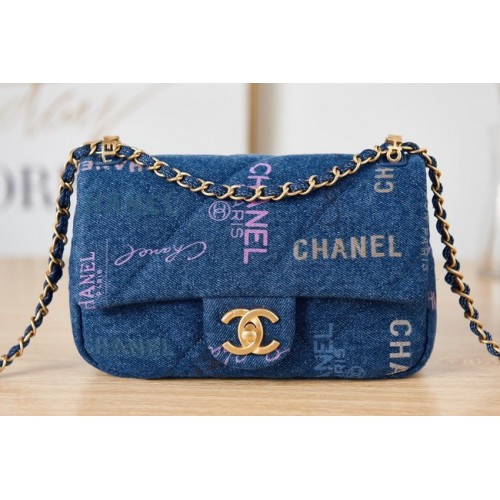 Geantă de umăr Chanel cu clapă din denim AS3134 albastră