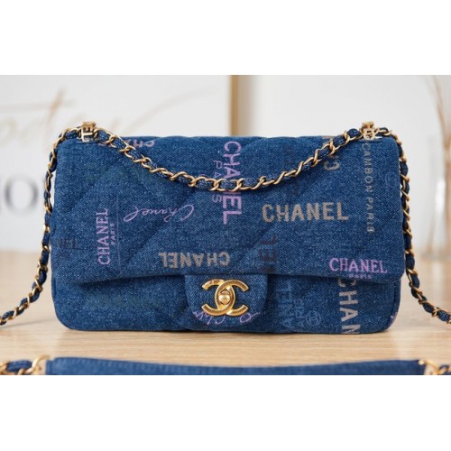 Geantă de umăr Chanel cu clapă din denim AS3135 albastră