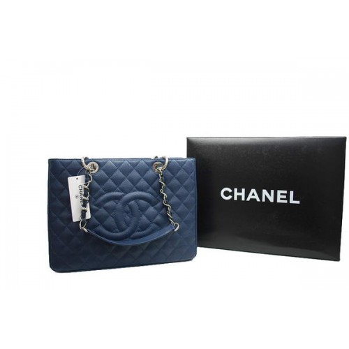 Geantă Chanel GST Caviar din piele Coco A36092 Albastru închis Argintiu