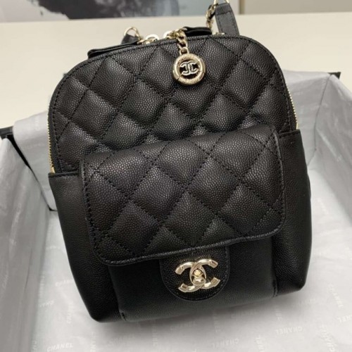Rucsac Chanel din piele de vițel granulată, din metal auriu, AS0003 negru