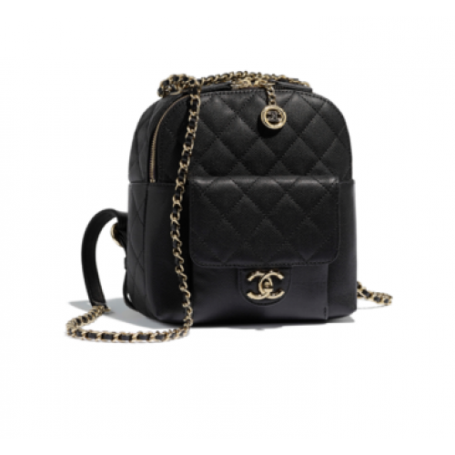 Rucsac Chanel din piele de vițel granulată, din metal auriu, AS0004 negru