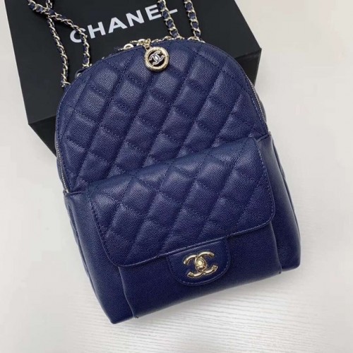Rucsac Chanel din piele de vițel granulată, din metal auriu, AS0004 albastru