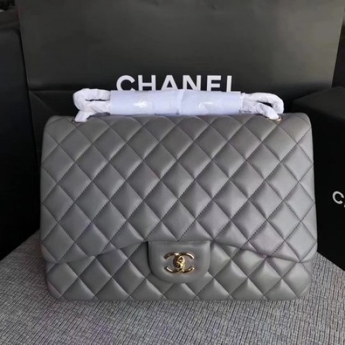 Geantă Chanel Maxi Quilted Classic Flap, piele gri, piele de oaie A58601, auriu