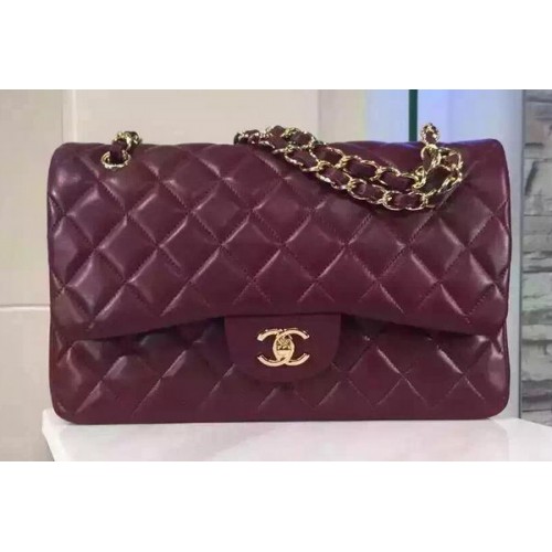 Geantă Chanel Jumbo Classic cu clapă, piele de oaie, culoare vișinie, A1113, auriu