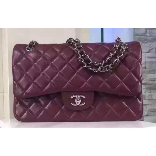 Geantă Chanel Jumbo Classic cu clapă, din piele de oaie, culoare vișinie, A1113, argintie