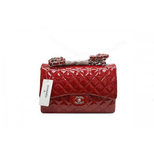 Geantă Chanel Jumbo Double Flaps A36097 Roșie Originală din Piele Lăcuită Argintie