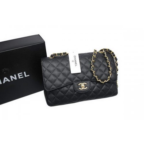 Geantă Chanel Jumbo Double Flaps neagră, piele originală Caviar A36097 aurie