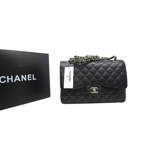 Geantă Chanel Jumbo Double Flaps neagră, piele originală Caviar A36097 argintie