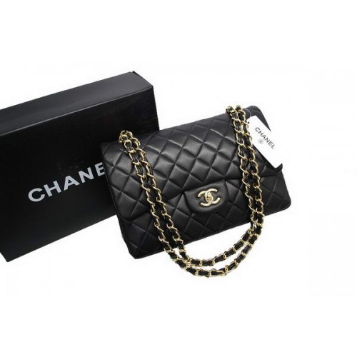 Geantă Chanel Jumbo Double Flaps neagră, piele de miel originală A36097 aurie