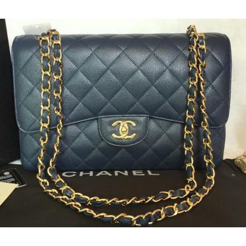 Geantă Chanel Jumbo Double Flaps, model albastru Cannage A36097, auriu